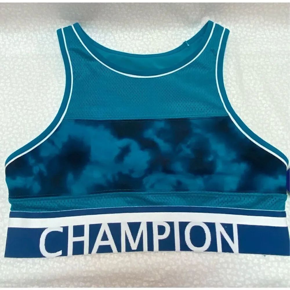 CHAMPION WOMENS SMALL LONGLINE SPORTS BRA - Teal Cloud Burst